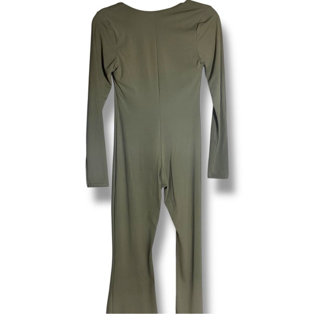 Qinsen Chic Olive Green Square Neck Flared Leg Long Sleeve Bodycon Jumpsuit - Picture 16 of 16